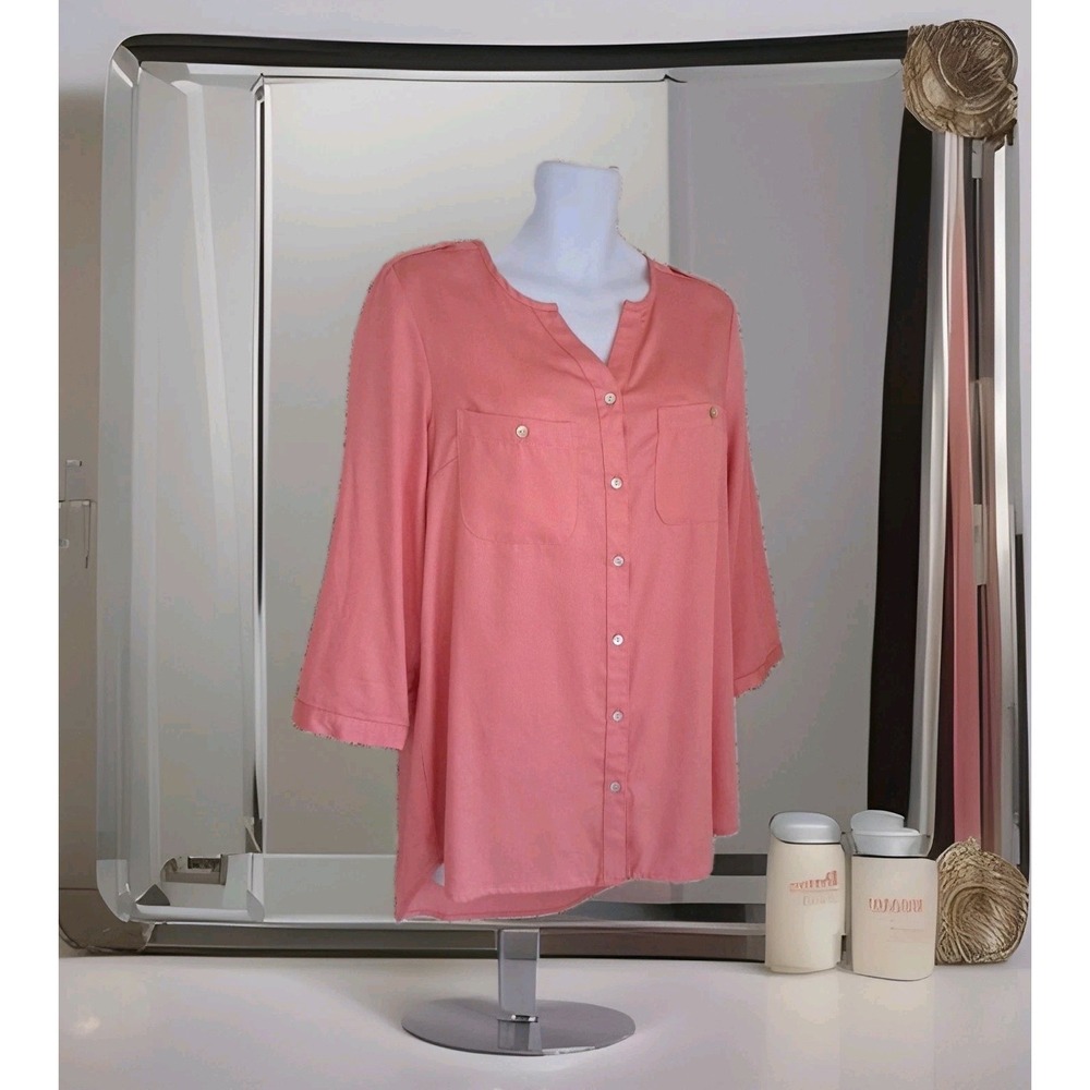 T&W Designs Tunic Top L Salmon Peach Button Up Roll Tab Sleeve Hi Lo Tencel